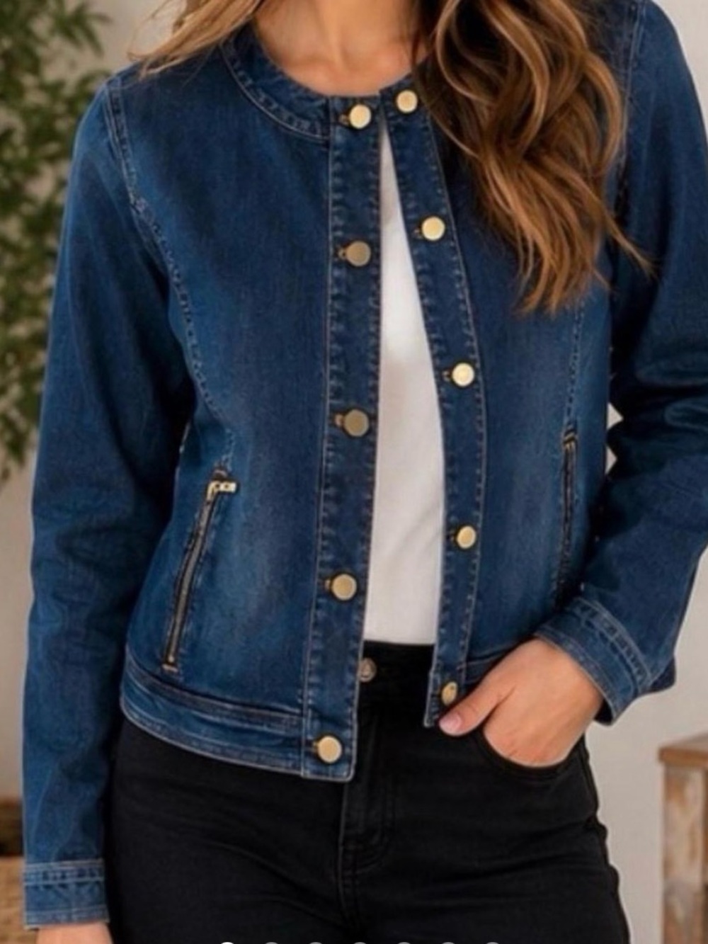 Chico's Denim Jacket Size 1 (Medium / 8) Blue Collarless Gold Buttons Moto, Jean
